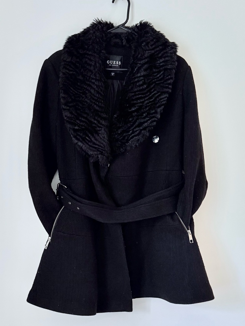 GUESS Black Faux-Fur Collar Belted Jacket SZ.XL